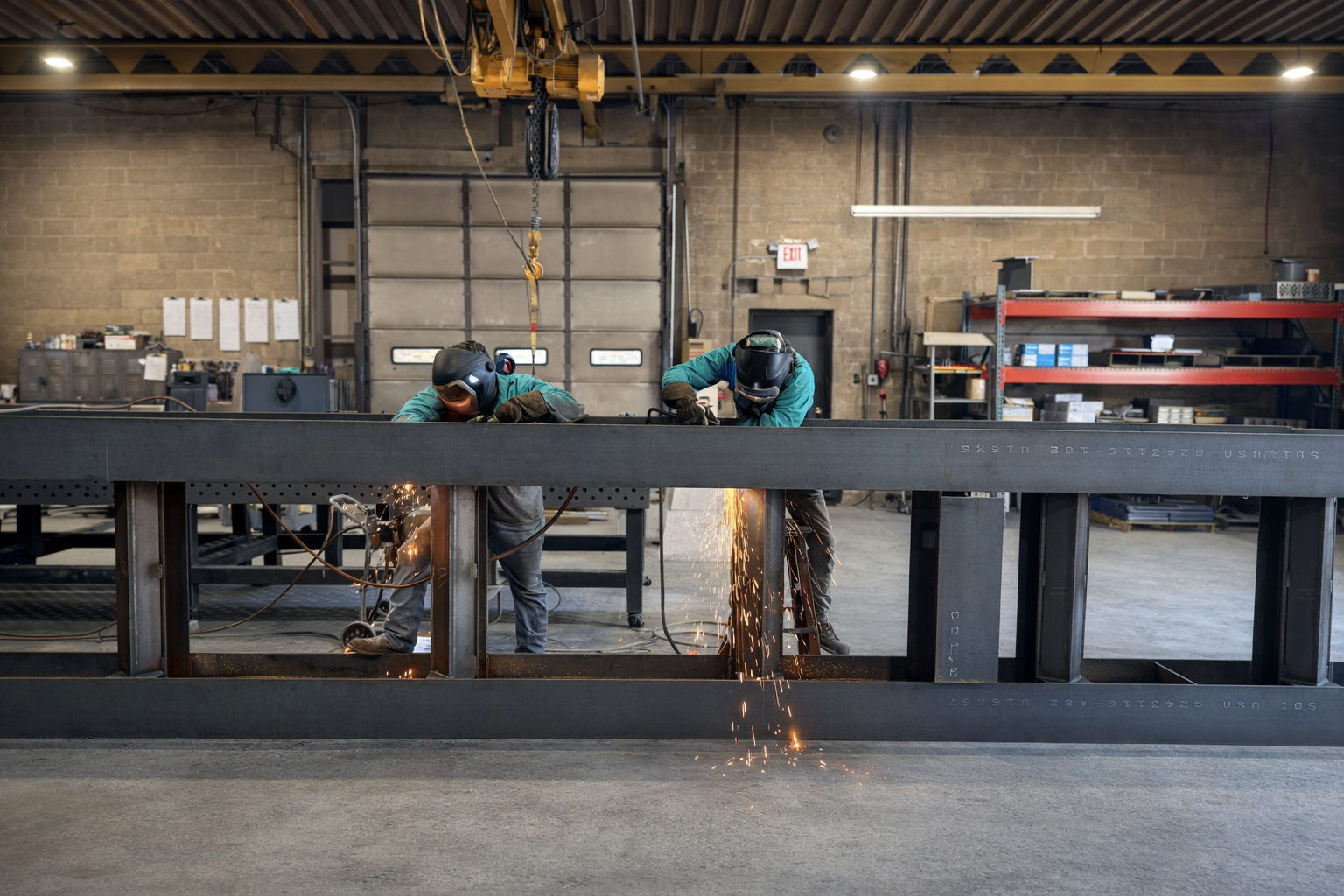 Two welders working on a large metal frame