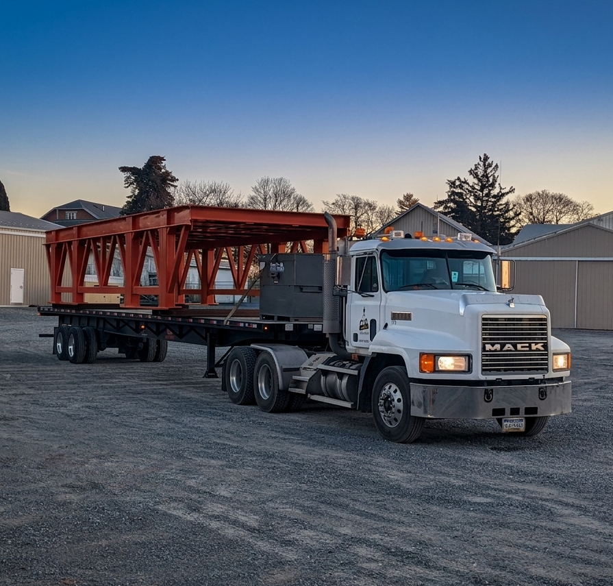 A semi-truck hauling a large custom metal frame
