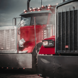 Two red semi-trucks